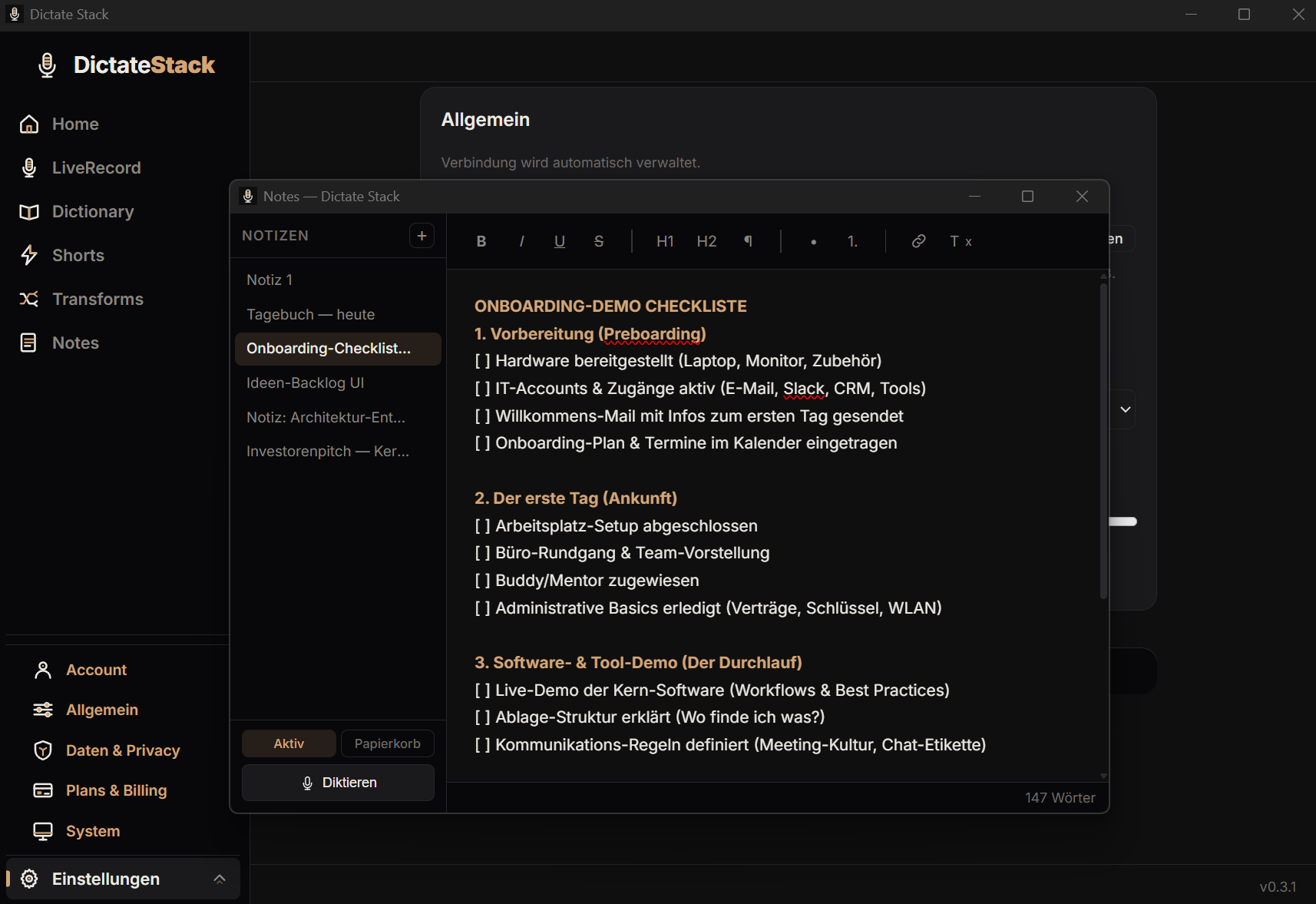 DictateStack Notes — Markdown-Notizen-Editor mit Onboarding-Demo-Checkliste als Beispiel