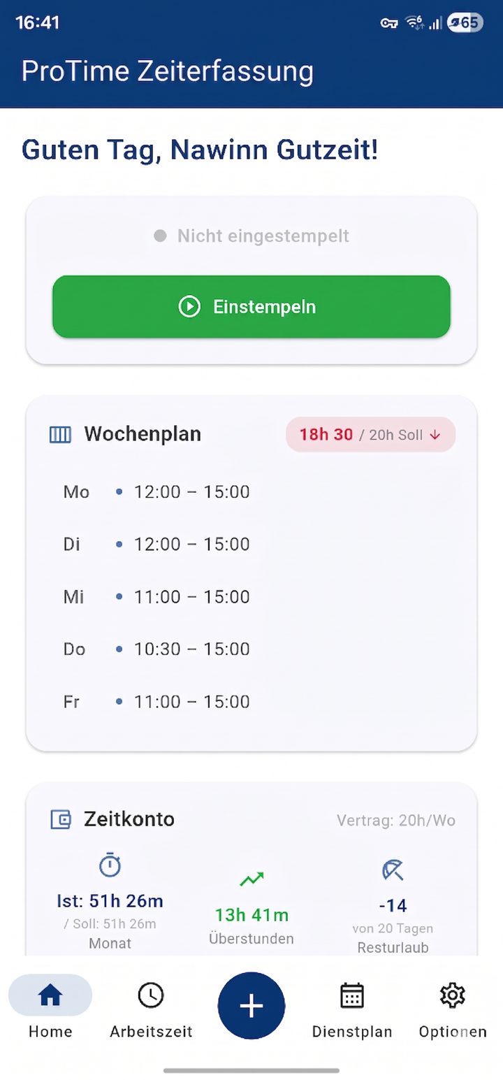 Home dashboard with clock-in button, weekly schedule and time account