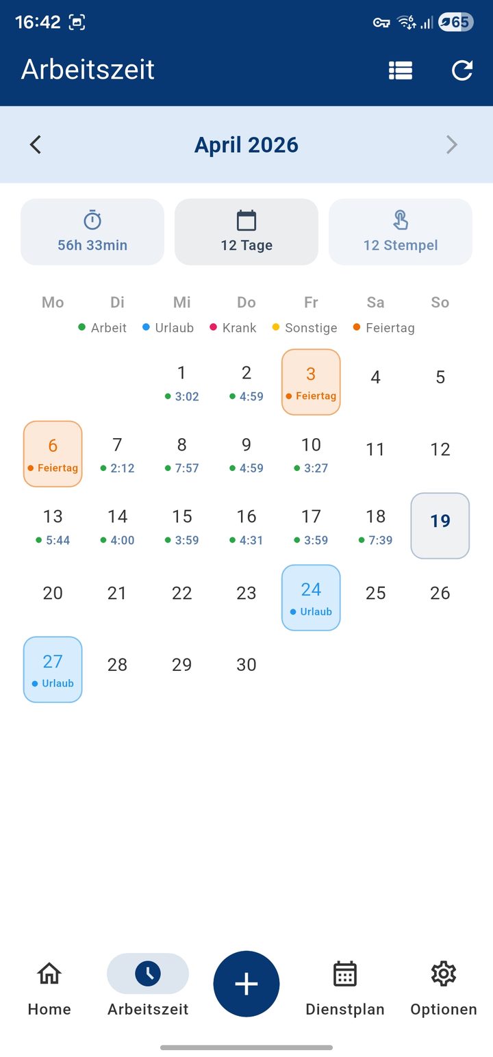 Monthly calendar with workdays, leave, sick and public holidays
